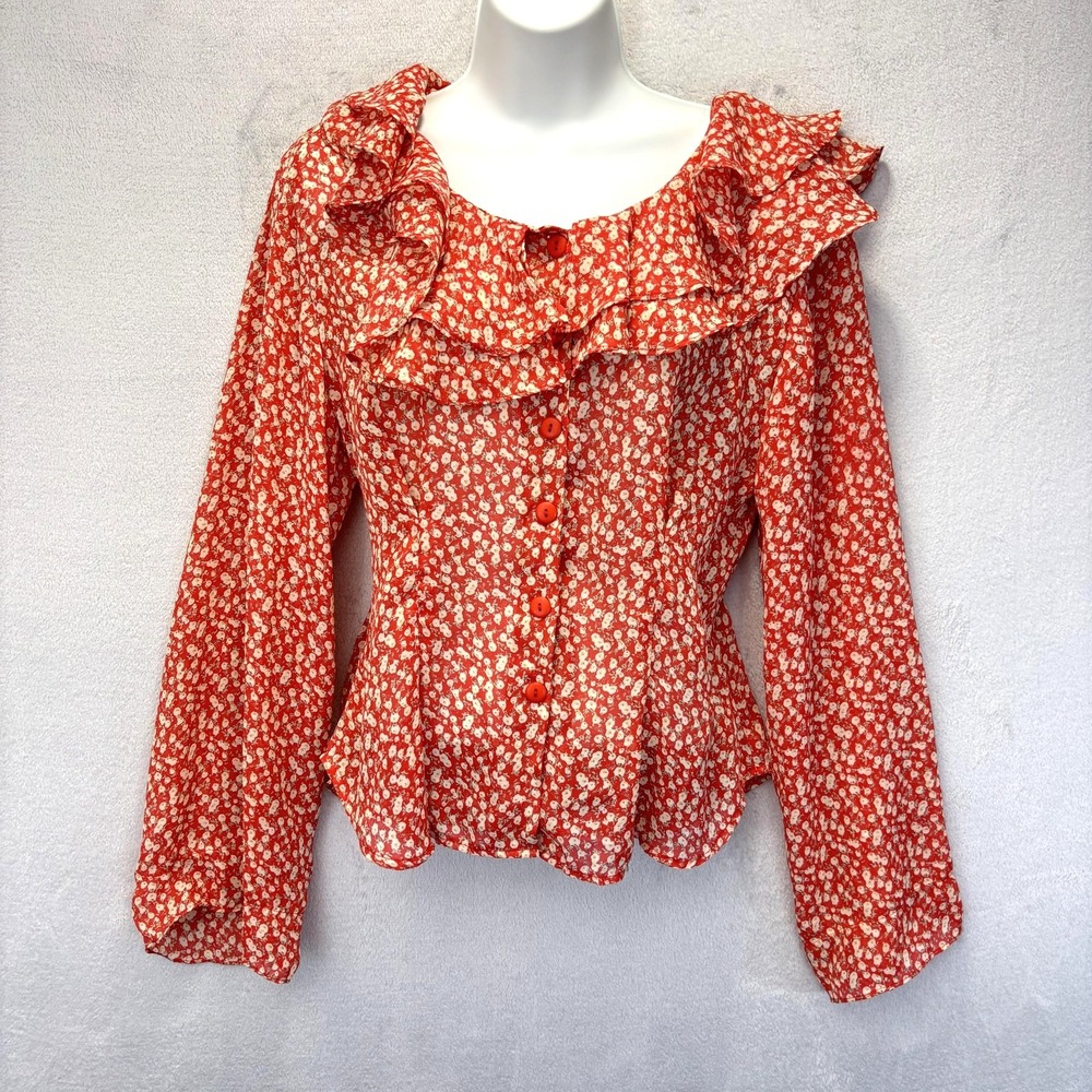 Vintage 90s Jonathan Martin Floral Ruffle Button-Up Womens S Red Pleated Chiffon